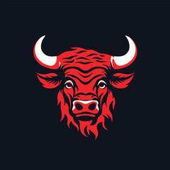 Red bull head mascot portrait with big horn. Buffalo logo vector illustration