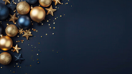 Modern Blue Christmas background with gold stars, balls. Greeting card design, Happy New Year - 661882281