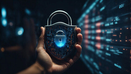 Person holding a cyber security lock logo, create a 3D rendering of a cyber security data protection system using advanced technology and privacy concepts - obrazy, fototapety, plakaty