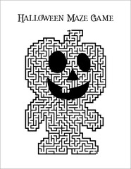 Printable black and white Halloween Maze page for adult and kids activity book vector illustration for children kindergarten 