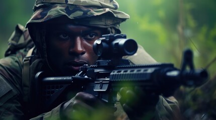 Fototapeta premium Young military army soldier looks into gun sight and aims