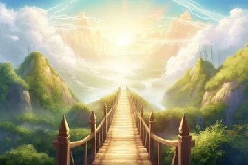 Tuinposter Illustration of a pathway to heaven with sunlight and a heavenly nature background, symbolizing faith, religion, and paradise. Generative AI © Phoenix