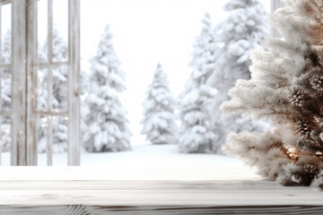 Empty white wooden table top and snowy blurred Christmas holiday background with winter landscape. Image for display your product. Xmas weekend.