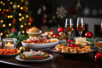 Naklejka premium Christmas dinner. Festive dishes on the table. Happy New Year and Merry Christmas
