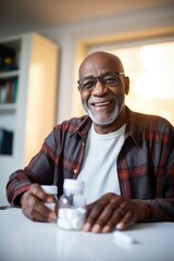 homme noir senior heureux avec compléments alimentaires et médicaments