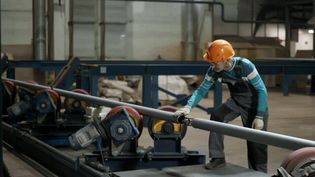 Workshop worker controlling the manufacturing process of the metal pipes. Workshop worker in an orange helmet touching the spinning pipes. Factory workshop worker cleaning the pipe surface.