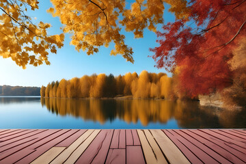 Naklejka na ściany i meble Empty wooden table over blurred bokeh lake nature autumn background, can be used for product display. AI generated.