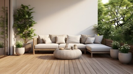 Outdoor lounge in backyard of house with wooden floor comfy sofas and wicker ottoman Cozy patio or balcony space for relaxation. - obrazy, fototapety, plakaty