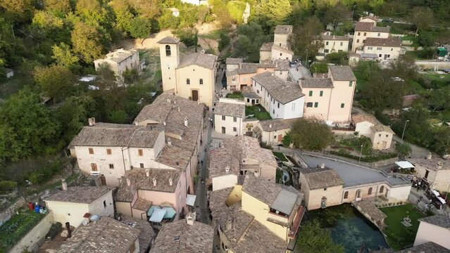 Aerial view of ancient city Rasiglia in Italy.  Rasiglia was destroyed by an earthquake and later rebuilt. 