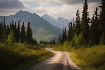 Alaska road along the edges of a coniferous.  Photorealistic image. 