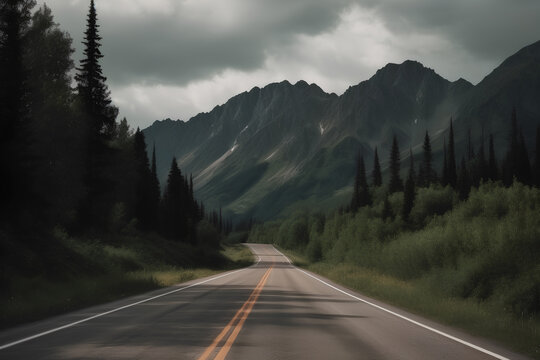 Alaska road along the edges of a coniferous.  Photorealistic image. 