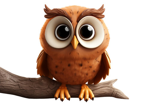 3D Cartoon Owl on a Branch on transparent background.