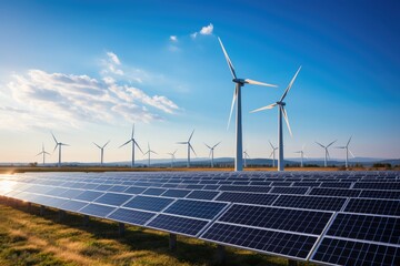 Creating sustainable energy using solar panels and wind farms is enterprise friendly. The concept of clean and sustainable development. Generative AI