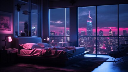 "A softly-lit room adorned with vibrant neon accents, its crystal-clear floor providing an aerial view of a sprawling metropolis below, casting a dreamlike aura."