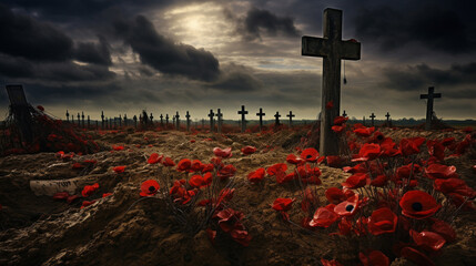 Photos of a world war one battlefield with poppies under dark skies.  - obrazy, fototapety, plakaty