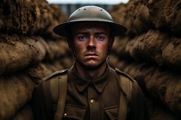 World war one British soldier standing in a trench looking towards the camera.  - obrazy, fototapety, plakaty