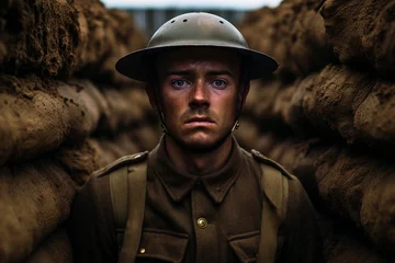 Poster World war one British soldier standing in a trench looking towards the camera.  © Jeff Whyte