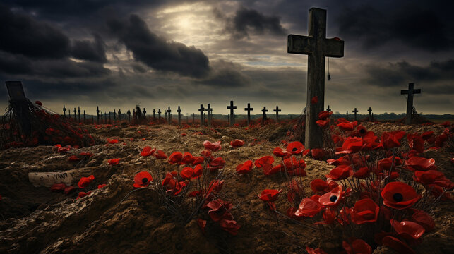 Photos of a world war one battlefield with poppies under dark skies. 