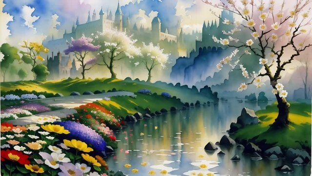 Flowers blooming meadow watercolor animation 