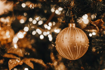 Christmas glittering ball hanging on the festive Christmas tree branches. Winter holiday garlands...