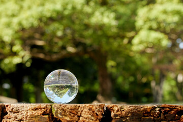 公園のテーブルにあるデッサン人形の片手と透明な水晶ガラスボールの風景