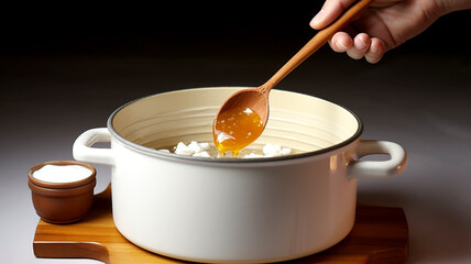 Explore the finesse of culinary artistry as skilled hands wield a wooden spoon in this captivating close-up.