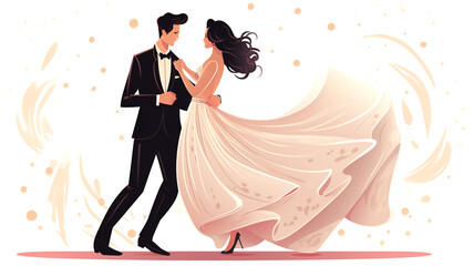 Experience the dance of love as this elegant couple, dressed in formal attire, shares a joyous moment during a wedding celebration. A perfect symbol of romance. - obrazy, fototapety, plakaty