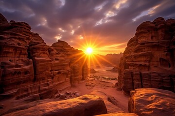 A captivating sunset in the splendid must-visit city of Petra mesmerizes travel enthusiasts. Generative AI