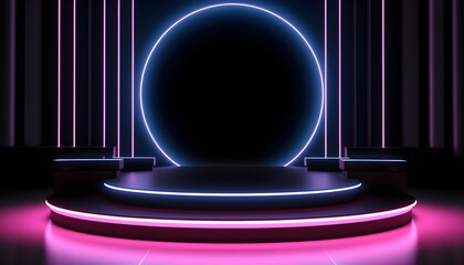 Futuristic pink and blue neon glowing podium for product display abstract black background AI generated