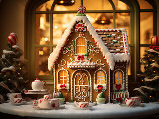 A tea room with a whimsical gingerbread house. generative ai  