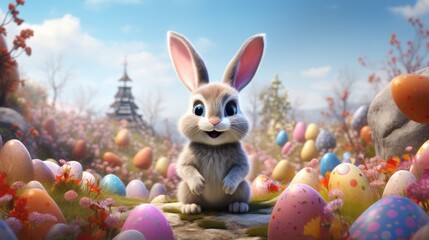 Photo of a cute rabbit surrounded by a colourful field of Easter eggs created with Generative AI...