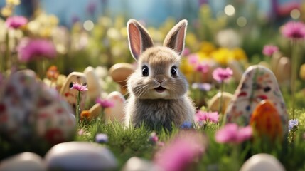 Photo of a cute rabbit surrounded by a colourful field of Easter eggs created with Generative AI technology