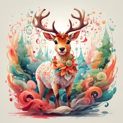 Fototapete Boho Watercolor illustration of a spring deer head with rainbow horns and colorful flowers