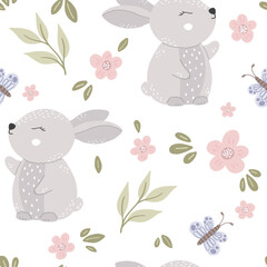 Cute rabbit pattern. Seamless background with funny baby animal. Repeating print with lovely character.