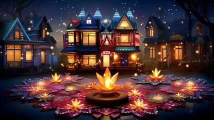Fototapeta na wymiar Celebrate Diwali with festive lights, decorations, and brightly lit homes. Immerse yourself in the cultural tradition and joyous occasion of the festival of lights.