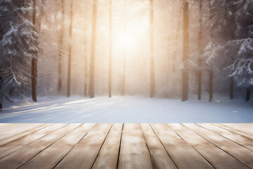 outdor plank wood floor in winter forest scene, the sun from behind the trees, misty and ray of lights, twig framing, snow falling and flying in the air, beautiful dreamy light.