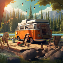 holiday concept with a camper van - obrazy, fototapety, plakaty