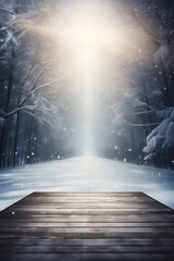 outdor plank wood floor in winter forest scene, the sun from behind the trees, misty and ray of lights, twig framing, snow falling and flying in the air, beautiful dreamy light.