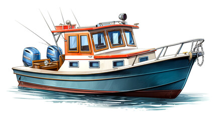 Naklejka premium Explore the world of fishing with a close-up view of a fishing boat equipped with fishing rods, ready for an outdoor fishing adventure.