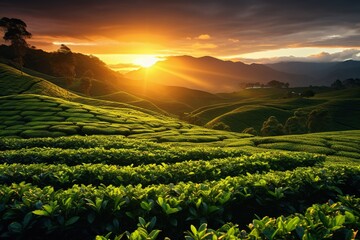 Beautiful landscape view of a vast tea plantation during sunset or sunrise.