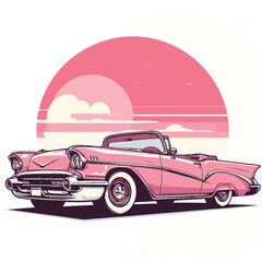 Vector illustration of a pink classic convertible retro car - obrazy, fototapety, plakaty