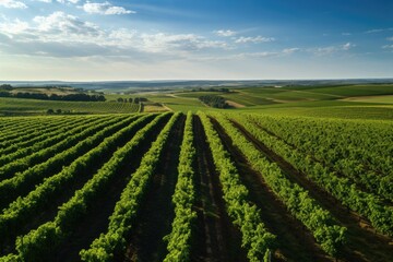 Fototapeta na wymiar Green vineyards, grape plantations. View from above
