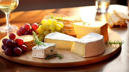Present an elegant and gourmet cheese selection on a rustic table with grapes. Elevate your dining experience with a delightful display.