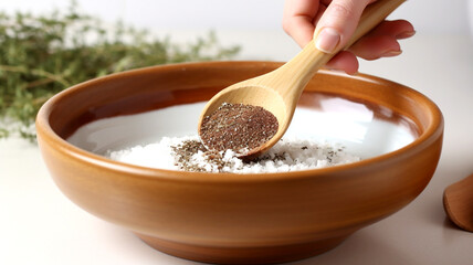 Witness gourmet excellence as hands blend choice ingredients with a wooden spoon, crafting a harmonious blend of flavors for culinary delight.