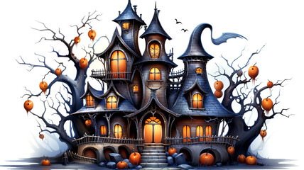 Experience the magic of Halloween in a charming and not-too-scary haunted house abode with enchanting decor. - obrazy, fototapety, plakaty