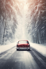 Fototapeta na wymiar highway in winter in deep forest, giant trees, twig framing, snow falling, red car on the road, beautiful dreamy light, hyper realistic,