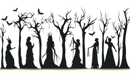 Explore haunting silhouette art for Halloween, featuring spooky and ghostly figures amidst eerie shadows.