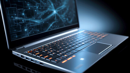 A close-up of an illuminated laptop keyboard, showcasing technology for efficient work and typing.