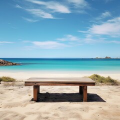 Fototapeta premium Empty wooden table and beach on a clear day