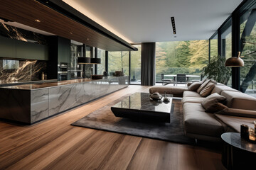 Fototapeta na wymiar modern family home with glass wall and hardwood flooring